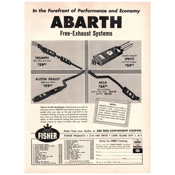 1964 Abarth Free-Exhaust Systems Ad Triumph Sprite MGA Austin Vintage Print Ad - Picture 1 of 1